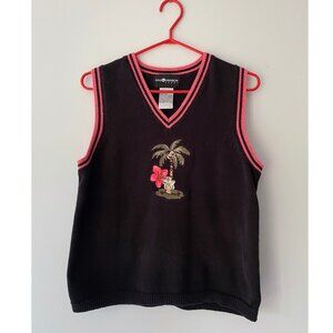 90s vintage black tropical palm tree embroidered knit sweater vest cotton top